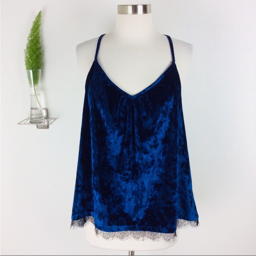 Tahari velvet lace trim tank top soft crushed velvety Deep Blue Sleepwear